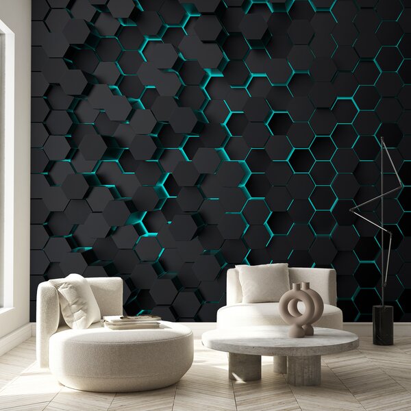 Tapet "Hexagon negru turcoaz", Fototapet Abstract, u93618d3 : Uwalls.ro