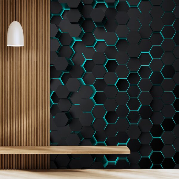 Tapet "Hexagon negru turcoaz", Fototapet Abstract, u93618d1 : Uwalls.ro
