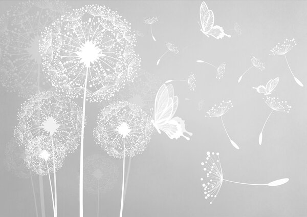 Tapet Păpădii delicate cu fluturi gri, Fototapet Flori, u99597v1 : Uwalls.ro