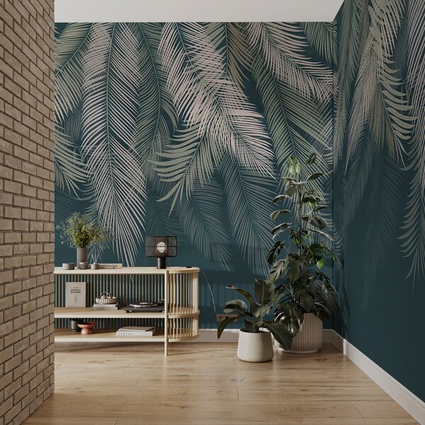 Tapet Frunze de palmier pe un fundal verde închis, Fototapet pădure, Fototapet Tropics, u48556v2d2 : Uwalls.ro