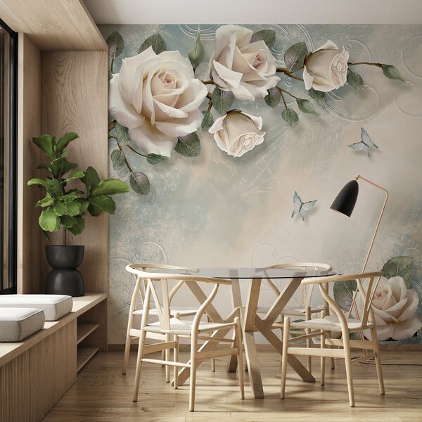 Tapet O ramură de trandafir crem, Fototapet Flori, Fototapet Trandafiri, u31353d1 : Uwalls.ro