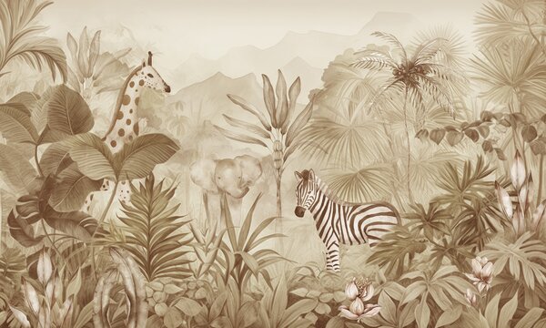 Tapet Jungla pădure, palmieri, girafă, elefant, zebră, acuarelă, culoare bej, bananier, flori, Fototapet Pentru Copii, w00089v1 : Uwalls.ro