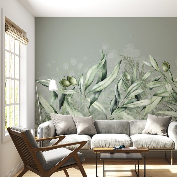 Tapet Măsline ilustrare, design floral, tropical, acuarelă, frunze mari, culori verzi, Fototapet Natură, w00407 : Uwalls.ro