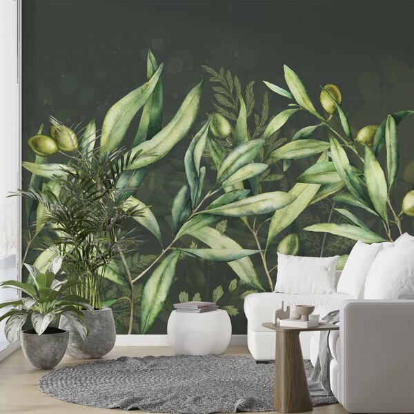 Tapet Măsline ilustrare, design floral, tropical, acuarelă, frunze mari, fundal întunecat, Fototapet Natură, Fototapet Frunze, w00407v4 : Uwalls.ro