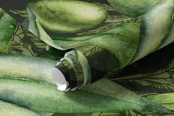 Tapet Măsline ilustrare, design floral, tropical, acuarelă, frunze mari, fundal întunecat, Fototapet Natură, Fototapet Frunze, w00407v4 : Uwalls.ro