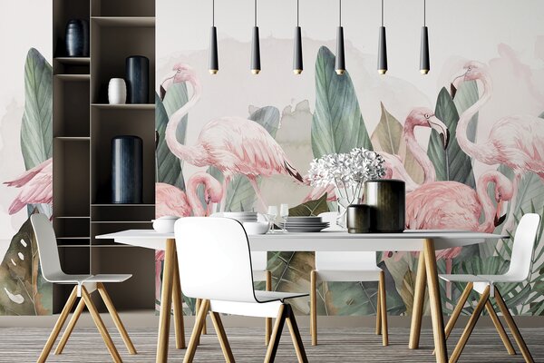 Tapet Flamingo în frunze tropicale, acuarelă, culori roz și măsliniu, Fototapet Animale, Fototapet Flamingo, w00505v1 : Uwalls.ro