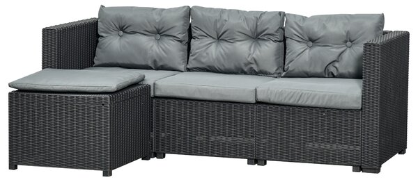 Outsunny Set Mobilier de Gradina Canapea cu 3 Locuri din Ratan PE si Suport pentru Picioare /Masuta, Perne cu husa detasabila, Neagra, Gri