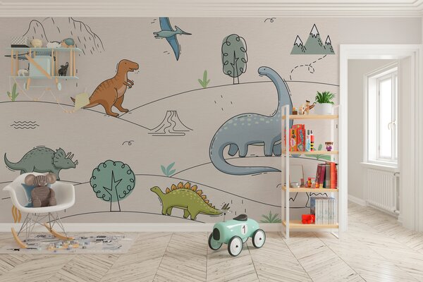 Tapet Dinozauri colorați pe dealuri, Fototapet Pentru Copii, Fototapet dinozauri, w00637 : Uwalls.ro
