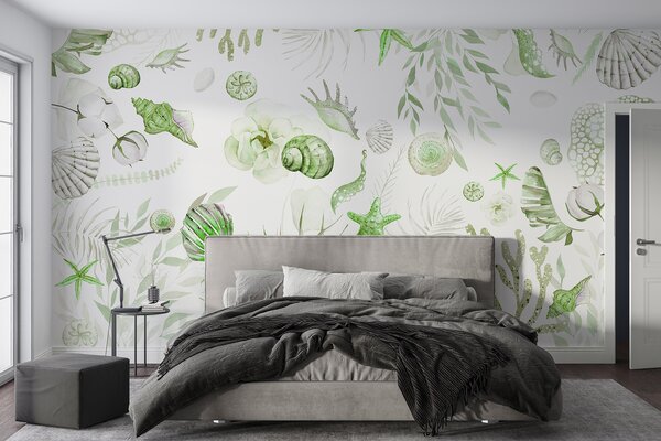 Tapet Model marin acuarelă, stil boho, scoici, corali, bumbac, culori verzi, Fototapet 3D, Fototapet 3D Frunze, w00851v2 : Uwalls.ro