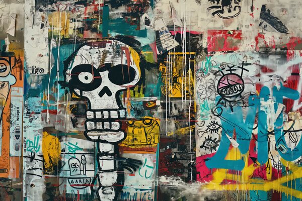 Tapet Graffiti colorat în stilul Basquiat, Fototapet în stil graffiti și artă stradală, w01187 : Uwalls.ro