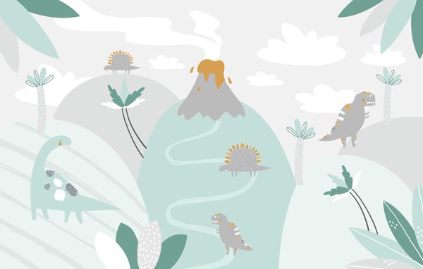 Fototapet Un dinozaur de desene animate cu un vulcan și plante, Fototapet dinozauri, Fototapet populare, w00937 - Tapeko.ro
