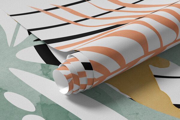 Tapet Boho abstracție, monstera și frunze de palmier, linii curbe, spot, geometric, topografic, albastru,, Fototapet Modern, w01256 : Uwalls.ro