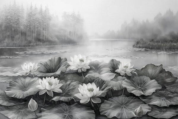Fototapet Grup de flori albe pe un lac, Fototapet natură, Fototapet populare, w07957v1 - Tapeko.ro