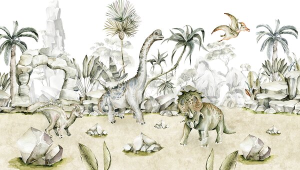 Fototapet Acuarelă de dinozauri și plante, Fototapet natură, Fototapet populare, w00847 - Tapeko.ro