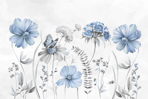 Tapet Flori delicate mari și plante cu fluture, Fototapet Animale, Fototapet Fluturi, w07905v2 : Uwalls.ro
