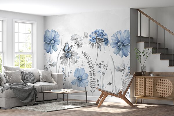 Tapet Flori delicate mari și plante cu fluture, Fototapet Animale, Fototapet Fluturi, w07905v2 : Uwalls.ro