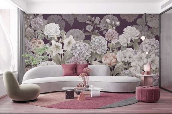Tapet Magică grădină de vară pe un fundal purpuriu, Fototapet Flori, w08140v2 : Uwalls.ro