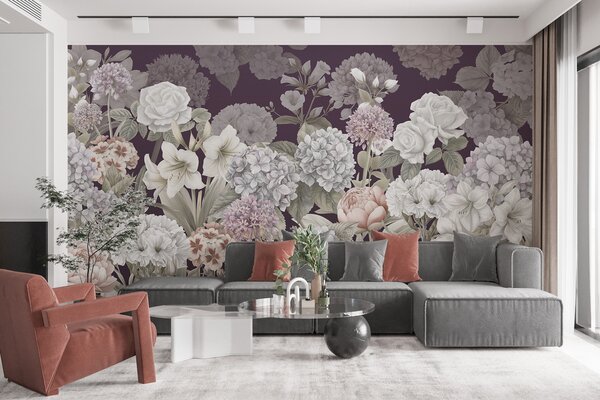 Tapet Magică grădină de vară pe un fundal purpuriu, Fototapet Flori, w08140v2 : Uwalls.ro