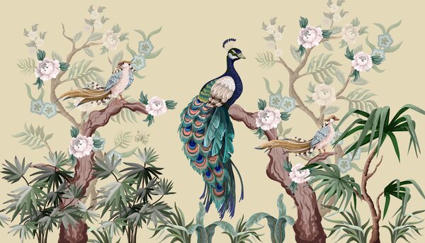 Tapet păun pe un copac, fundal bej, Fototapet Animale, Fototapet Peacocks, w08168 : Uwalls.ro
