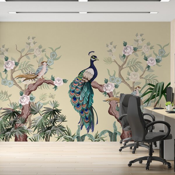 Tapet păun pe un copac, fundal bej, Fototapet Animale, Fototapet Peacocks, w08168 : Uwalls.ro