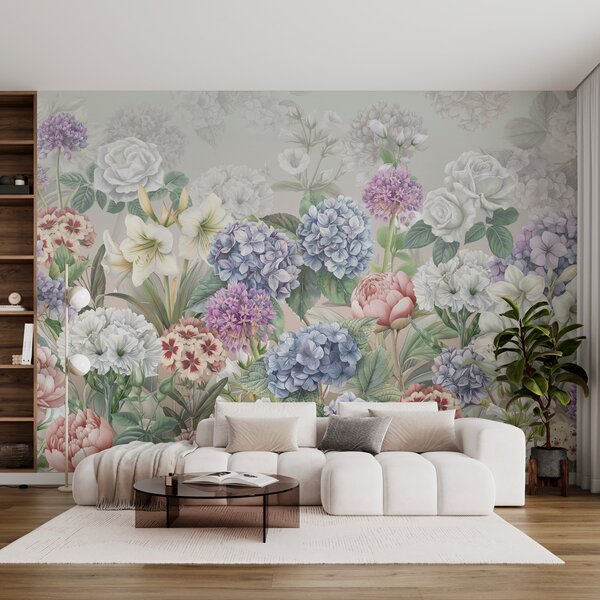 Tapet Grădină de vară magică cu flori în culori pastelate, Fototapet Flori, w08140v3 : Uwalls.ro