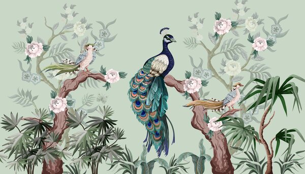 Tapet păun pe un copac, fundal verde, Fototapet Animale, Fototapet Peacocks, w08168v1 : Uwalls.ro