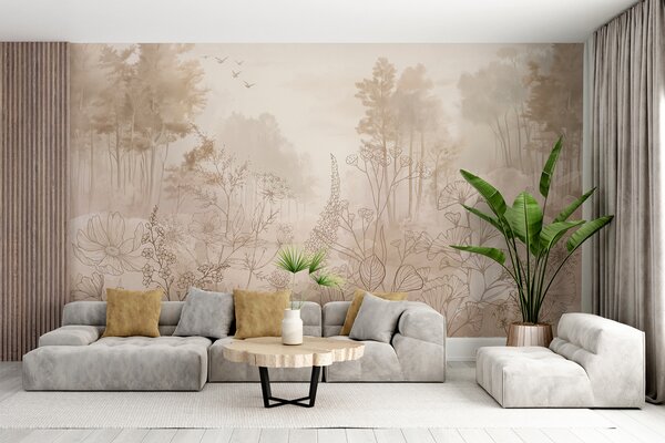 Tapet Peisaj forestier cu flori sălbatice, line art, realism, copaci, natură, paletă de culori bej, Fototapet Natură, w08142 : Uwalls.ro