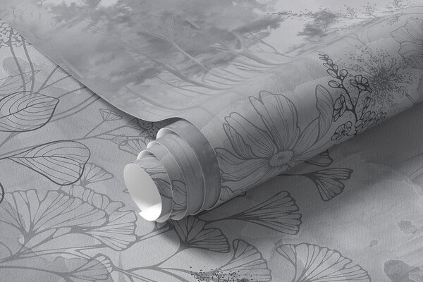 Tapet Peisaj forestier cu flori sălbatice, line art, realism, copaci, natură, paletă de culori gri, Fototapet Natură, w08142v2 : Uwalls.ro