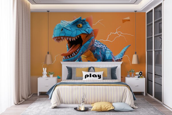 Tapet Dinozaur feroce cu o lovitură de fulger în culorile galben și albastru, Fototapet Pentru Copii, Fototapet dinozauri, w01333v1 : Uwalls.ro
