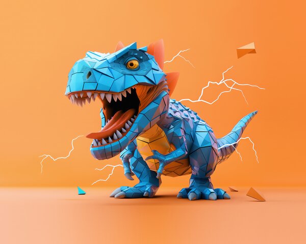Tapet Dinozaur feroce cu o lovitură de fulger în culorile galben și albastru, Fototapet Pentru Copii, Fototapet dinozauri, w01333v1 : Uwalls.ro