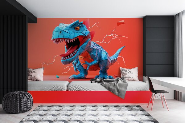Tapet Dinozaur feroce cu o lovitură de fulger în culorile roșu și albastru, Fototapet Pentru Copii, Fototapet dinozauri, w01333 : Uwalls.ro