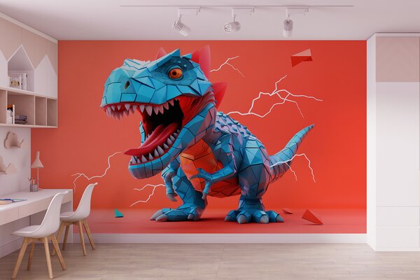 Tapet Dinozaur feroce cu o lovitură de fulger în culorile roșu și albastru, Fototapet Pentru Copii, Fototapet dinozauri, w01333 : Uwalls.ro
