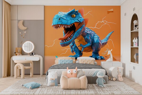 Tapet Dinozaur feroce cu o lovitură de fulger în culorile galben și albastru, Fototapet Pentru Copii, Fototapet dinozauri, w01333v1 : Uwalls.ro