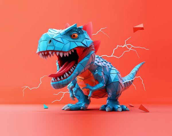 Tapet Dinozaur feroce cu o lovitură de fulger în culorile roșu și albastru, Fototapet Pentru Copii, Fototapet dinozauri, w01333 : Uwalls.ro
