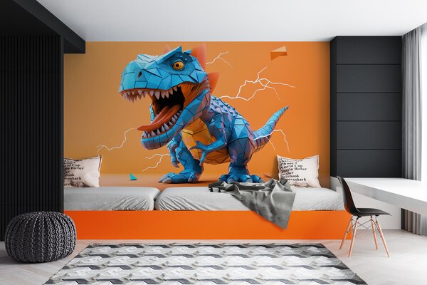 Tapet Dinozaur feroce cu o lovitură de fulger în culorile galben și albastru, Fototapet Pentru Copii, Fototapet dinozauri, w01333v1 : Uwalls.ro