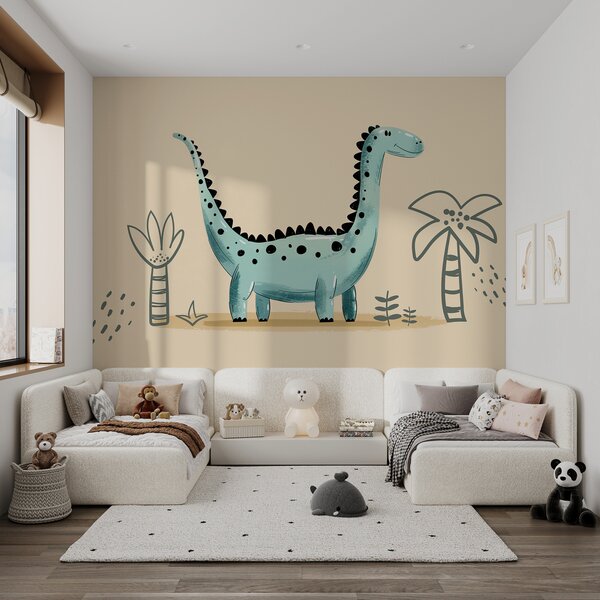 Fototapet Cartoon dinozaur cu plante și frunze, Fototapet dinozauri, Fototapet populare, w01357v1 - Tapeko.ro