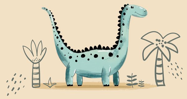 Fototapet Cartoon dinozaur cu plante și frunze, Fototapet dinozauri, Fototapet populare, w01357v1 - Tapeko.ro