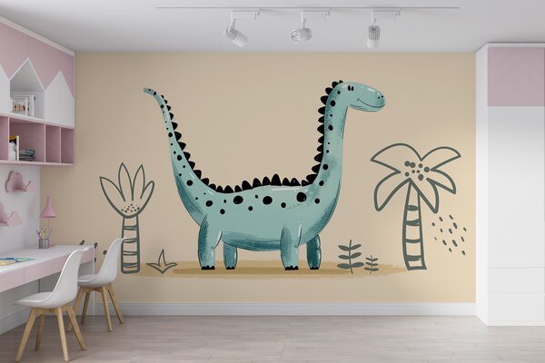 Fototapet Cartoon dinozaur cu plante și frunze, Fototapet dinozauri, Fototapet populare, w01357v1 - Tapeko.ro