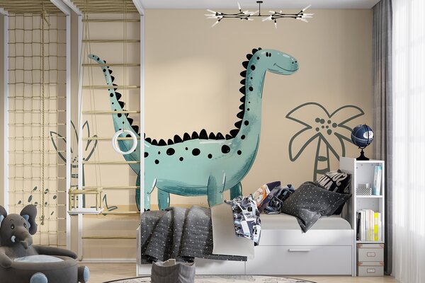 Fototapet Cartoon dinozaur cu plante și frunze, Fototapet dinozauri, Fototapet populare, w01357v1 - Tapeko.ro