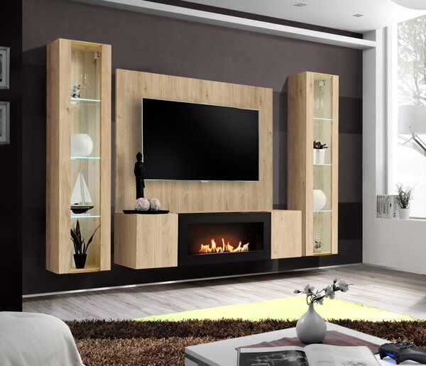 Mobilier living cu biosemineu Feryhill HJ FY M P2 (jackson hickory stejar) (cu iluminat). Promo -18%. 1156500