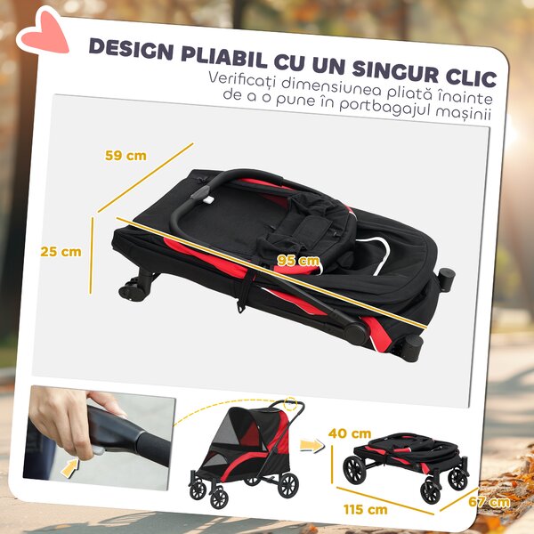 PawHut Cărucior Pliabil pentru Câini de Talie Mare cu Roți Detașabile, Pernă și Lese de Siguranță, 124x67x100 cm, Negru | Aosom Romania