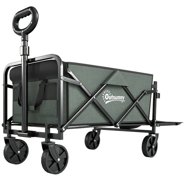 Outsunny Cărucior Pliabil de Grădină de 72l cu Deschidere Posterioară, Roți, Buzunare și Mâner, 114x46x65-92 cm, Verde | Aosom Romania