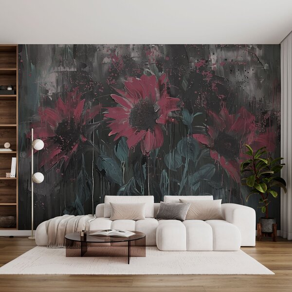 Tapet Imagine abstractă de floarea soarelui, fundal gri închis și tonuri roșu-roz, Fototapet Acuarelă, w01480v1 : Uwalls.ro