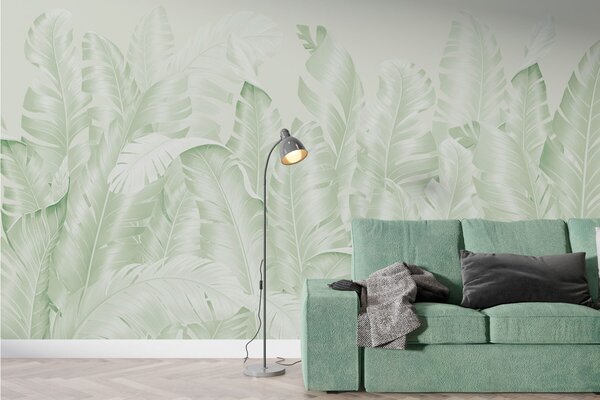 Tapet Frunze verzi tropicale pastelate la modă, Fototapet pădure, Fototapet Tropics, w01481v2 : Uwalls.ro