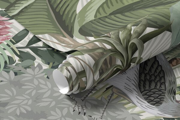 Tapet O scenă luxuriantă de junglă tropicală cu diferiți palmieri, frunze mari și flori colorate în prim plan, Fototapet Natură, w08239 : Uwalls.ro