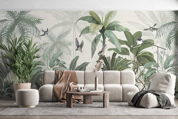 Tapet O scenă luxuriantă de junglă tropicală cu diferiți palmieri, frunze mari și flori colorate în prim plan, Fototapet Natură, w08239 : Uwalls.ro