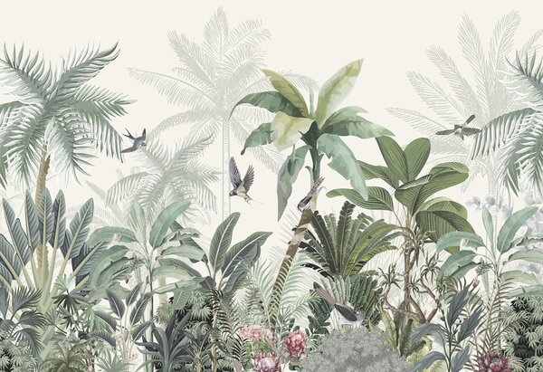 Tapet O scenă luxuriantă de junglă tropicală cu diferiți palmieri, frunze mari și flori colorate în prim plan, Fototapet Natură, w08239 : Uwalls.ro