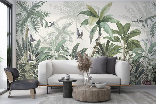 Tapet O scenă luxuriantă de junglă tropicală cu diferiți palmieri, frunze mari și flori colorate în prim plan, Fototapet Natură, w08239 : Uwalls.ro