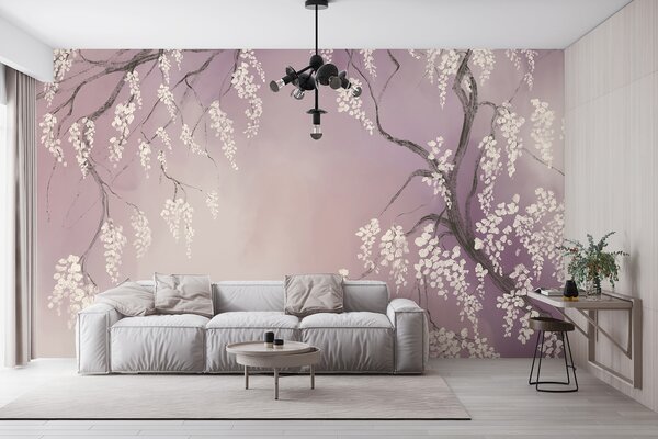 Tapet Cireș alb delicat cu flori înflorite pe ramuri pe fundal roz, Fototapet Flori, w08243v2 : Uwalls.ro