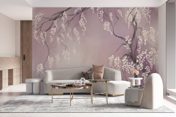Tapet Cireș alb delicat cu flori înflorite pe ramuri pe fundal roz, Fototapet Flori, w08243v2 : Uwalls.ro